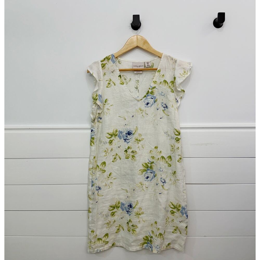 Women’s Laura Ashley 100% Linen Floral Ruffle Dress Size XS